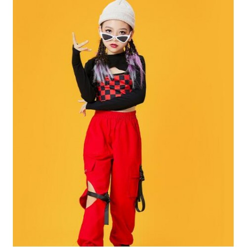 Black red plaid England style jazz Street dance costumes for girls kids hip-hop children model show walking tide clothing New Year's Day performance outfits